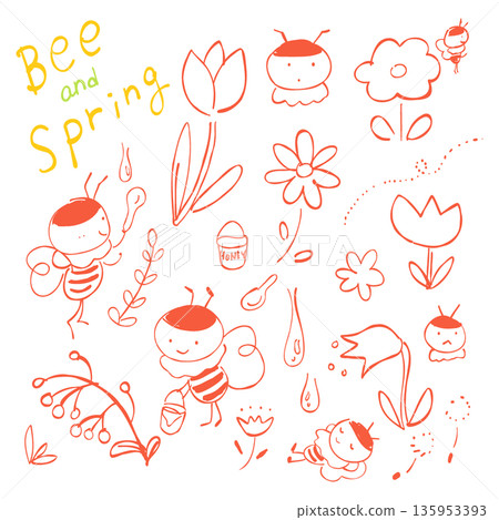 A hand-drawn illustration featuring a cute bee character and tulips and margaret flowers that makes you feel the arrival of spring. A hand-drawn illustration featuring a cute bee character and tulips and margaret flowers that makes you feel the arrival of spring. 135953393