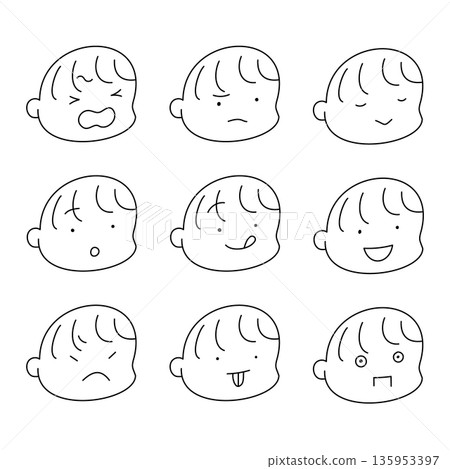 A simple line drawing icon set of facial expressions that helps children understand their emotions 135953397