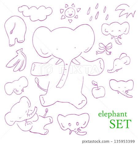 Hand-drawn illustration set of a cute elephant playing with bananas and fruits Hand-drawn illustration set of a cute elephant playing with bananas and fruits 135953399
