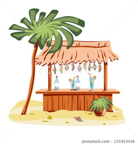 Colored sea art with beach bar, cocktails, palm, seashell, plant, garland of fish. Vector illustration. Sea elements for greeting cards, decoration, magazines, banners, menu, patterns and designs. Colored sea art with beach bar, cocktails, palm, seashell, plant, garland of fish. Vector illustration. Sea elements for greeting cards, decoration, magazines, banners, menu, patterns and designs. 135953436
