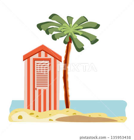 Colored sea landscape with red-pink beach hut, palm, water, yellow sand, pebbles. Vector square illustration. Sea elements for greeting cards, decoration, magazines, banners, menu, patterns and design Colored sea landscape with red-pink beach hut, palm, water, yellow sand, pebbles. Vector square illustration. Sea elements for greeting cards, decoration, magazines, banners, menu, patterns and design 135953438