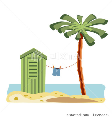 Colored sea landscape with green beach hut, shorts, palm, yellow sand, pebbles. Vector square illustration. Sea elements for greeting cards, decoration, magazines, banners, menu, patterns and designs. Colored sea landscape with green beach hut, shorts, palm, yellow sand, pebbles. Vector square illustration. Sea elements for greeting cards, decoration, magazines, banners, menu, patterns and designs. 135953439