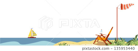 Banner with chaise lounge, bottle, kite, yellow yacht, plants, sand, blue sea, pebbles. Vector art. Sea elements for greeting cards, decoration, magazines, banners menu patterns and designs Banner with chaise lounge, bottle, kite, yellow yacht, plants, sand, blue sea, pebbles. Vector art. Sea elements for greeting cards, decoration, magazines, banners menu patterns and designs 135953440