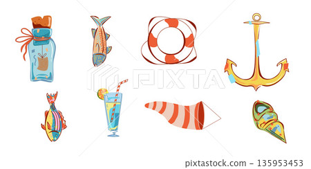 Colored set with different marine elements on white background. Vector illustration. Sea objects for greeting cards, decoration, magazines, banners, menu, patterns and designs. 135953453