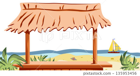 Colored sea view with beach big bar, sand, yellow yacht, plants, island, waves. Vector illustration. Sea elements for greeting cards, decoration, magazines, banners, menu, patterns and designs. Colored sea view with beach big bar, sand, yellow yacht, plants, island, waves. Vector illustration. Sea elements for greeting cards, decoration, magazines, banners, menu, patterns and designs. 135953456