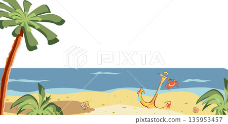 Colored sea view with crab, anchor, sand, green palm, plants, waves. Vector illustration. Sea elements for greeting cards, decoration, magazines, banners, menu patterns and designs Colored sea view with crab, anchor, sand, green palm, plants, waves. Vector illustration. Sea elements for greeting cards, decoration, magazines, banners, menu patterns and designs 135953457