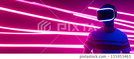 Futuristic virtual reality experience with neon lights in a dynamic setting 135953463