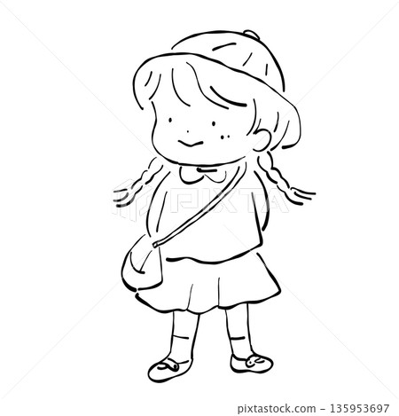 幼兒園女童身穿校服參加入學儀式的線描插圖 幼兒園女童身穿校服參加入學儀式的線描插圖 135953697