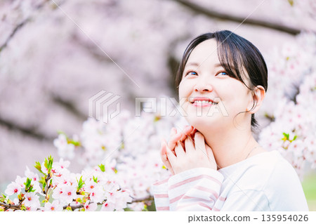 盛開的櫻花和年輕女性 135954026