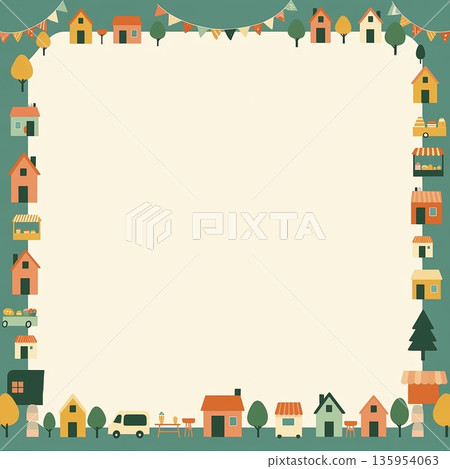 Flat illustration background of a streetscape with cute houses and shops 135954063