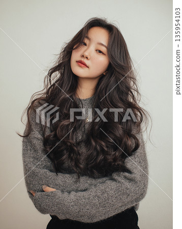 一位二十多歲、髮型成熟的女性——燙髮和護髮美容用品 一位二十多歲、髮型成熟的女性——燙髮和護髮美容用品 135954103