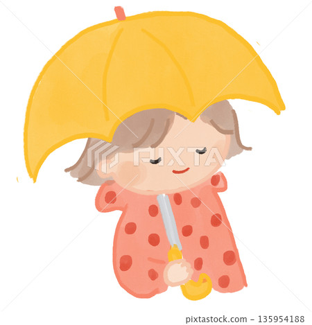 一幅柔和的水彩風格插畫，描繪了一個孩子撐著一把黃色雨傘。 135954188
