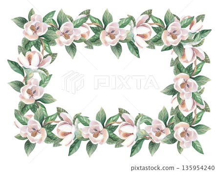Restangular frame of a buds and leaves of magnolia. Handmade watercolor illustration. For packaging design, cards, cover, wallpaper, prints, product labels and fabric. Restangular frame of a buds and leaves of magnolia. Handmade watercolor illustration. For packaging design, cards, cover, wallpaper, prints, product labels and fabric. 135954240