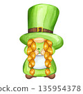 Leprechaun or gnome girl in green dress, hat with red pigtails. Character for Happy Saint Patrick Day. Hand drawn watercolor illustration isolated background. Irish holiday parade Happy March 17th. 135954378