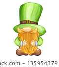 Leprechaun or gnome in green suit, hat with red beard. Character for Happy Saint Patrick Day. Hand drawn watercolor illustration isolated background. Irish holiday parade Happy March 17th. 135954379