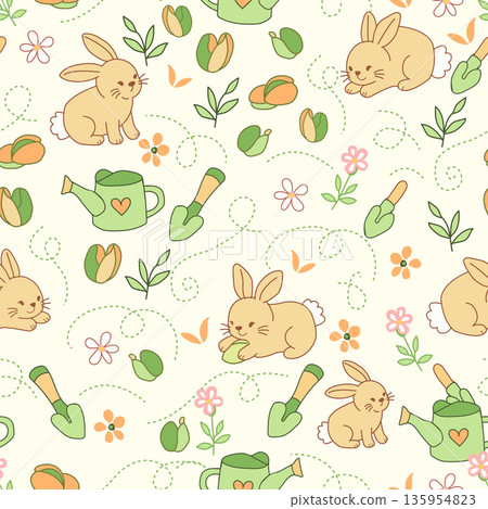 Adorable seamless pattern with cute bunnies, watering cans and flowers. Perfect for nursery decor, Easter textiles, kids fabric, and spring stationery Adorable seamless pattern with cute bunnies, watering cans and flowers. Perfect for nursery decor, Easter textiles, kids fabric, and spring stationery 135954823