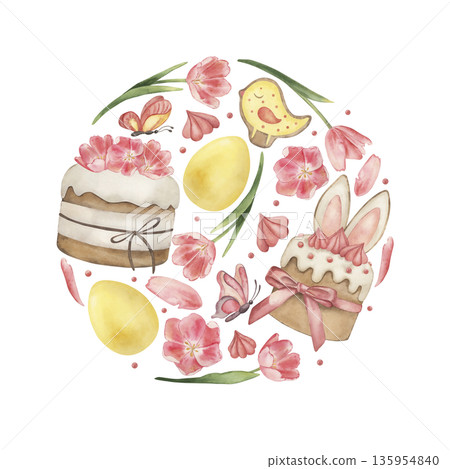 Watercolor Easter round composition with cakes, tulips, yellow eggs, butterflies and cute birds. Hand drawn floral circle for spring holiday greeting cards, stickers, textile and print design, dishes Watercolor Easter round composition with cakes, tulips, yellow eggs, butterflies and cute birds. Hand drawn floral circle for spring holiday greeting cards, stickers, textile and print design, dishes 135954840
