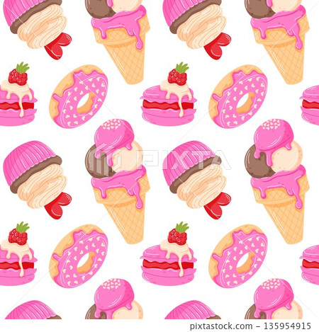 Seamless pattern with ice cream cone, donut and macaron. Playful Valentine Day background for packaging, textile, wallpaper and bakery design. 135954915
