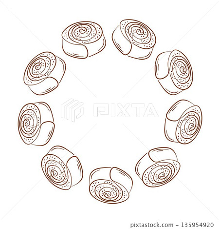 Cinnamon roll wreath in line art style. Ideal for bakery banner, card, delivery packaging, breakfast menu and sweet pastry shop. Cinnamon roll wreath in line art style. Ideal for bakery banner, card, delivery packaging, breakfast menu and sweet pastry shop. 135954920