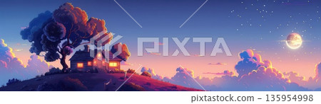 A picturesque landscape with a house on a hill, bathed in the soft light of a colorful sunset. 135954998