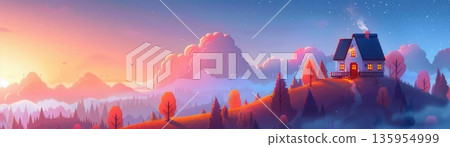 Cozy cottage nestled in a misty mountain landscape with a stunning sunset backdrop. 135954999