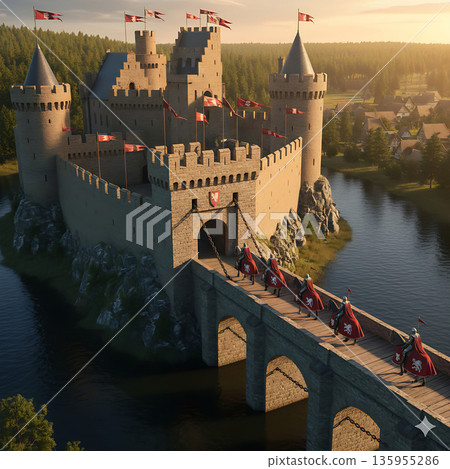 一座宏偉的中世紀奇幻城堡小鎮，四周群山環繞，河流蜿蜒。 135955286