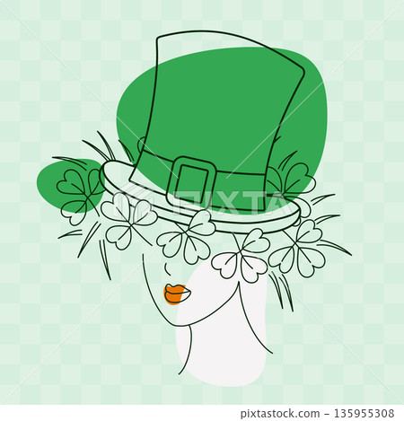 Female Contour Silhouette in Leprechaun Hat on head and abstract spots Irish Festival Design concept. Isolated Vector illustration St Patrick Day Greetings, Themed Cards Promo Banner, leaflets, labels 135955308