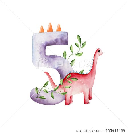 Cute dinosaur number five with triceratops. Watercolor hand drawn prehistoric Spinosaurus, Brachiosaurus animal. Isolated illustration on transparent background. Perfect for for nursery and baby Cute dinosaur number five with triceratops. Watercolor hand drawn prehistoric Spinosaurus, Brachiosaurus animal. Isolated illustration on transparent background. Perfect for for nursery and baby 135955469
