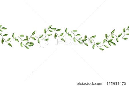 Branch with leaves seamless border. Watercolor hand drawn banner, template pastel climbing green liana. Isolated botanical illustration on transparent background. Perfect for tropical design projects Branch with leaves seamless border. Watercolor hand drawn banner, template pastel climbing green liana. Isolated botanical illustration on transparent background. Perfect for tropical design projects 135955470