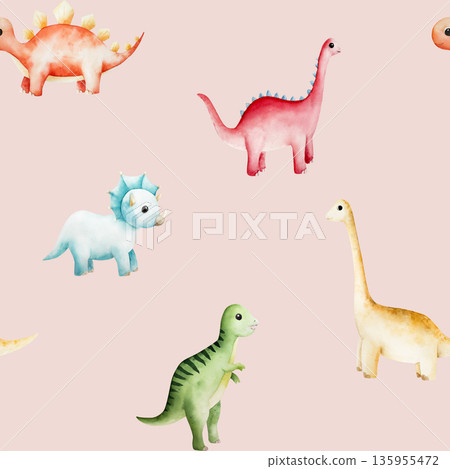 Seamless pattern with cute dinosaur. Watercolor hand drawn prehistoric triceratops, diplodocus,Spinosaurus, Brachiosaurus animal. Isolated illustration on transparent background. Perfect for for Seamless pattern with cute dinosaur. Watercolor hand drawn prehistoric triceratops, diplodocus,Spinosaurus, Brachiosaurus animal. Isolated illustration on transparent background. Perfect for for 135955472