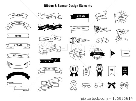 單色線條繪製的絲帶、橫幅和旗幟設計材料套裝 135955614