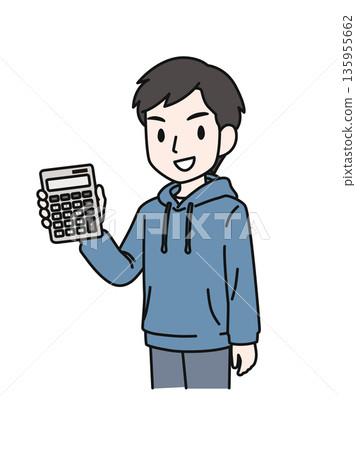 插圖素材：一名身著休閒裝的男子正在計算器上查看金額。 135955662