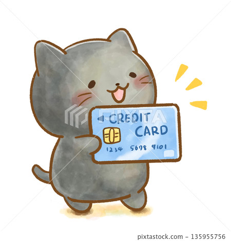 Black cat paying with credit card / cute watercolor illustration 135955756