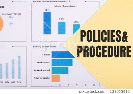 The word POLICIES & PROCEDURE is written on a yellow background with charts and graphs. The word POLICIES & PROCEDURE is written on a yellow background with charts and graphs. 135955913
