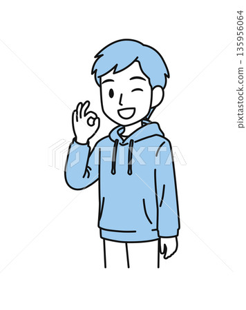 Illustration material of a man in casual clothes making an OK pose 135956064