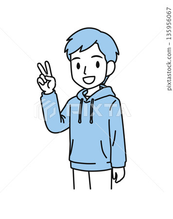 插畫素材:一名身穿休閒服的男子做出和平手勢 插畫素材:一名身穿休閒服的男子做出和平手勢 135956067