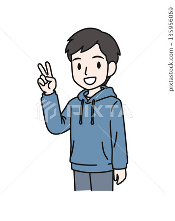 插畫素材：一名身穿休閒服的男子做出和平手勢 135956069