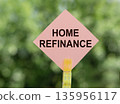 HOME REFINANCE phrase written on a pink traffic sign on blurred green background. 135956117