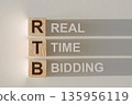 RTB - short for Real Time Bidding in wooden alphabet letters with text on shadows on light gray background. 135956119