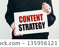 Girl holding a card with text CONTENT STRATEGY. 135956121