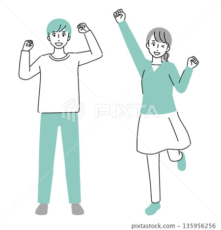 Illustration of smiling young men and women doing fist pumps Illustration of smiling young men and women doing fist pumps 135956256