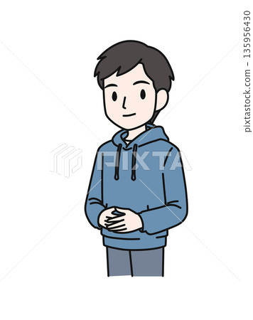 插畫素材：一名身著休閒服的男子雙手交疊於身前站立。 135956430