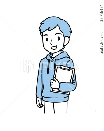 Illustration material of a man in casual clothes holding a binder 135956434
