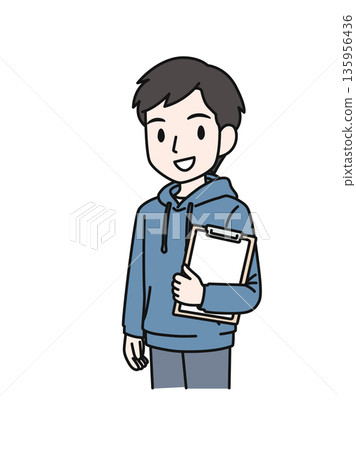 插畫素材：一名身著休閒服的男子手持文件夾內的文件 135956436