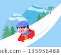 Cute character hedgehog in sled. Bobsleigh sport and winter competitions. Vector flat illustration on background for children books.  135956488