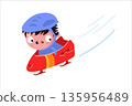 Cute character hedgehog in sled. Bobsleigh sport and winter competitions. Vector flat illustration isolated on white background for children books.  135956489