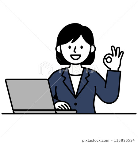 A woman in a navy suit smiling and giving an OK sign in front of a PC A woman in a navy suit smiling and giving an OK sign in front of a PC 135956554