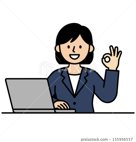 A woman in a navy suit smiling and giving an OK sign in front of a PC A woman in a navy suit smiling and giving an OK sign in front of a PC 135956557