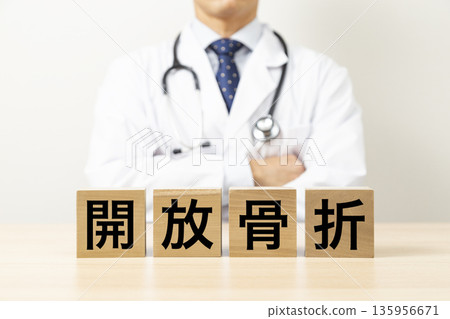一塊寫著「開放性骨折」字樣的磚塊,旁邊還有一位醫生 一塊寫著「開放性骨折」字樣的磚塊,旁邊還有一位醫生 135956671