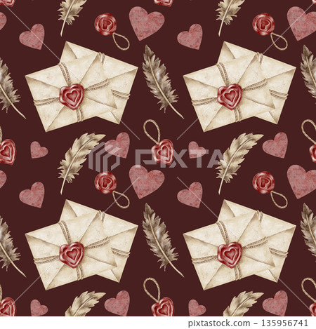 Love letters, wax seals and deep burgundy background colors in watercolor illustration, hand drawn as a seamless pattern. Perfect for luxury packaging, wallpaper, textiles and stationery collections Love letters, wax seals and deep burgundy background colors in watercolor illustration, hand drawn as a seamless pattern. Perfect for luxury packaging, wallpaper, textiles and stationery collections 135956741